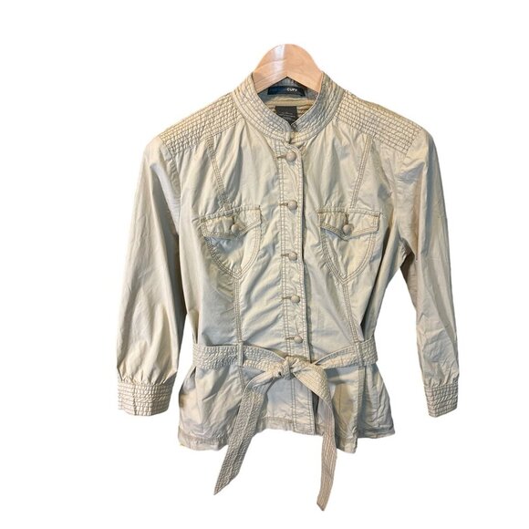 French Cuff Beige Cotton Utility Safari Belted Jacket Pockets Size L - Picture 1 of 8